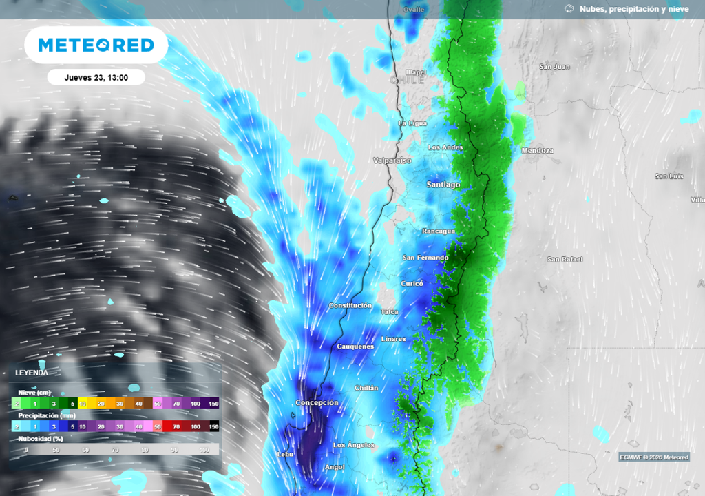 mapa de precipitaciones Se esperan más lluvias para este jueves: se concentrarán con mayor intensidad de O'Higgins al sur.