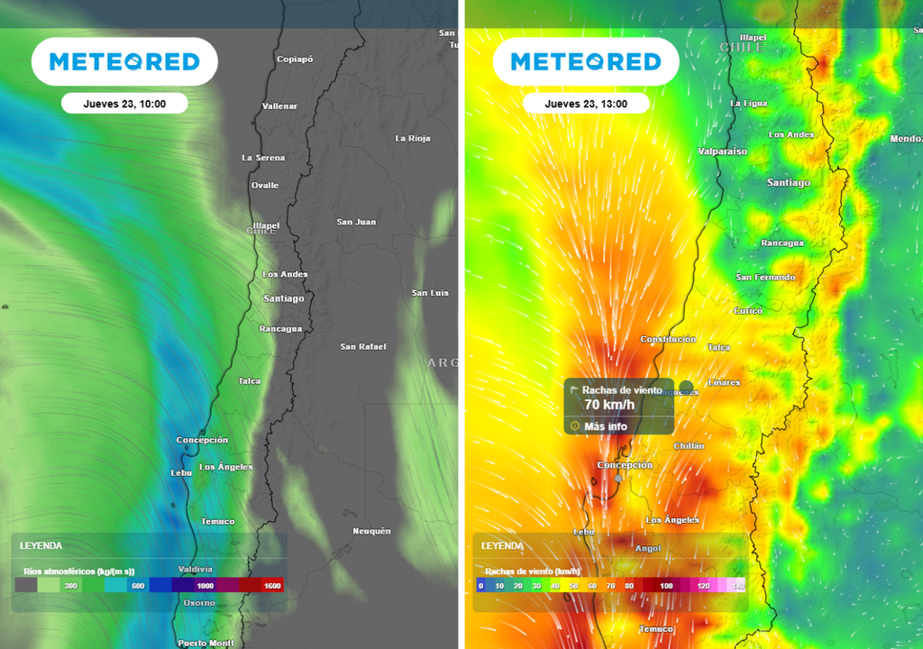 mapa de río atmosférico y rachas de viento Un nuevo río atmosférico de categoría baja llegará el jueves, aportante más lluvia y viento a la zona central.