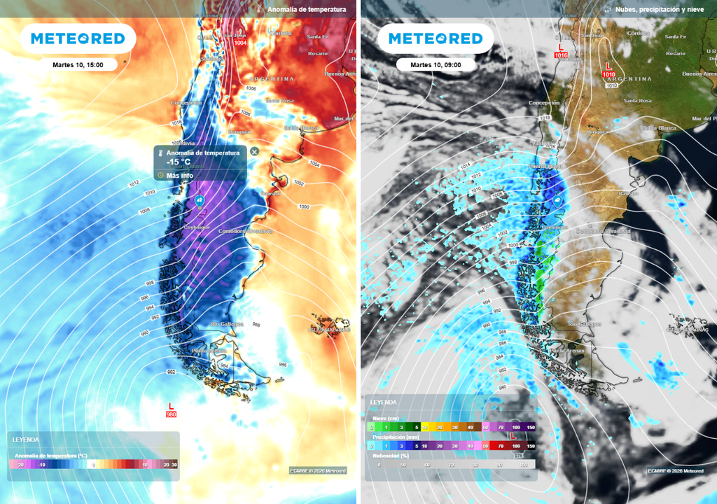 Con un descenso térmico de hasta 15 ºC por debajo del promedio de la época, el ambiente estará muy fresco sobre la Patagonia. La posibilidad de chubascos de aguanieve e nieve en sectores elevados estará vigente a comienzos de la próxima semana.