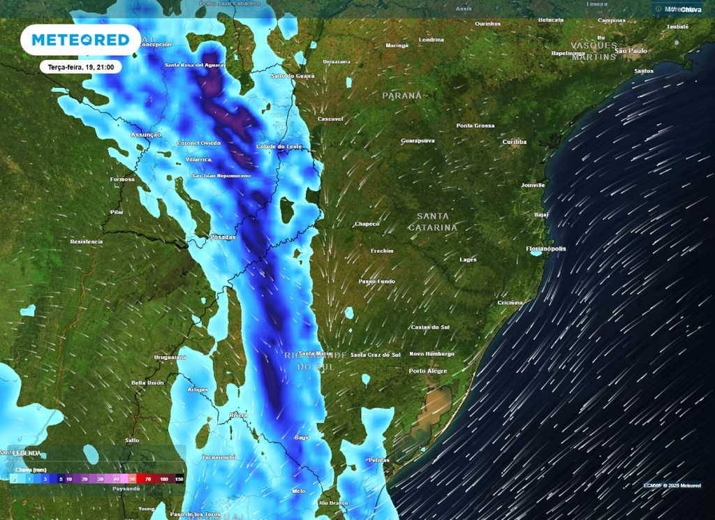 Previsão de chuva para a noite de terça (19) sobre o Sul do Brasil.