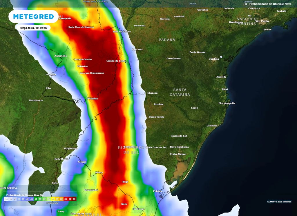 Chances de chuva sobre o Sul do Brasil na noite de terça-feira (19).