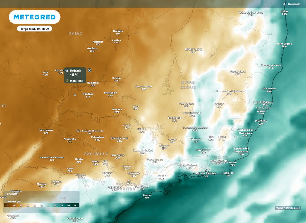 Umidade relativa do ar prevista para a tarde de terça-feira (19) no Sudeste.