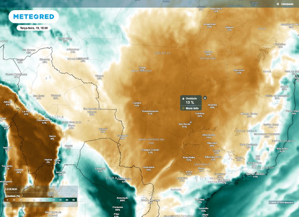 Umidade relativa do ar prevista para a tarde de terça-feira (19) no Centro- Oeste.