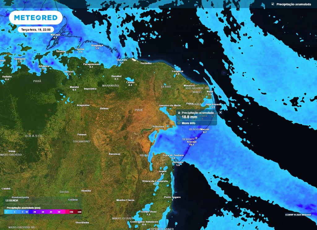 Precipitação acumulada entre hoje (18) e amanha (19).