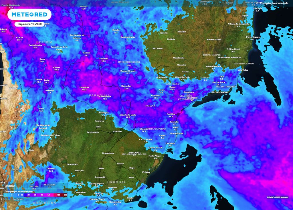 Previsão do acumulado de chuva entre a segunda-feira (10) e terça-feira (11). Previsão do acumulado de chuva entre a segunda-feira (10) e terça-feira (11).