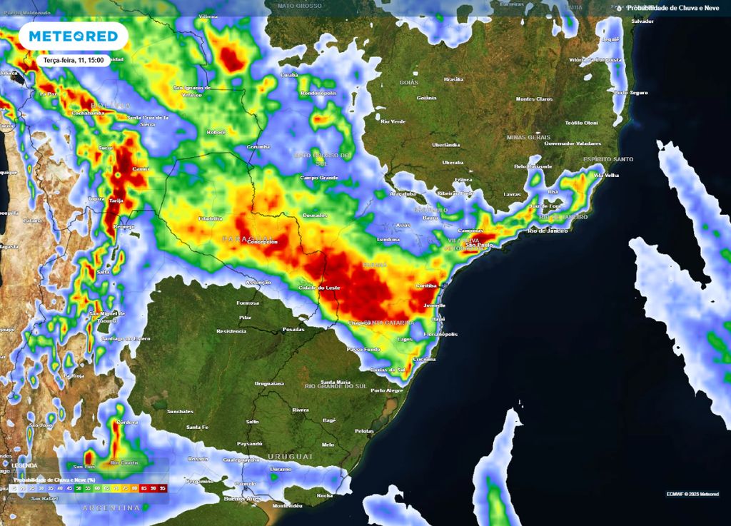 Mapa de probabilidade de chuva para a tarde de terça-feira (11), de acordo com o modelo de confiança da Meteored. Mapa de probabilidade de chuva para a tarde de terça-feira (11), de acordo com o modelo de confiança da Meteored.