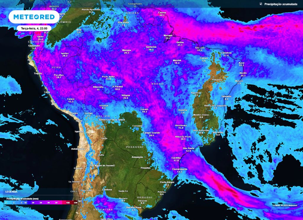 Previsão do acumulado de chuva para terça-feira (04).