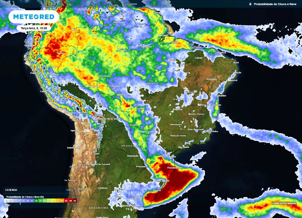 Mapa de probabilidade de precipitação para a tarde de terça-feira (08), segundo o modelo ECMWF.