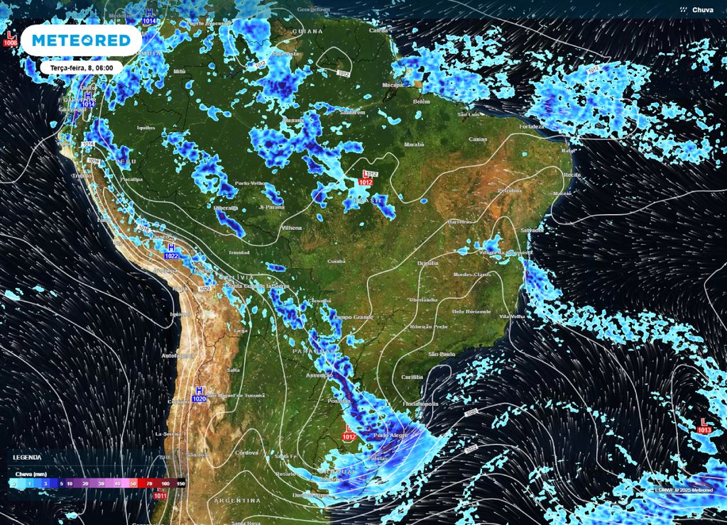 Mapa de linhas de pressão e precipitação prevista para a manhã de terça-feira (08).
