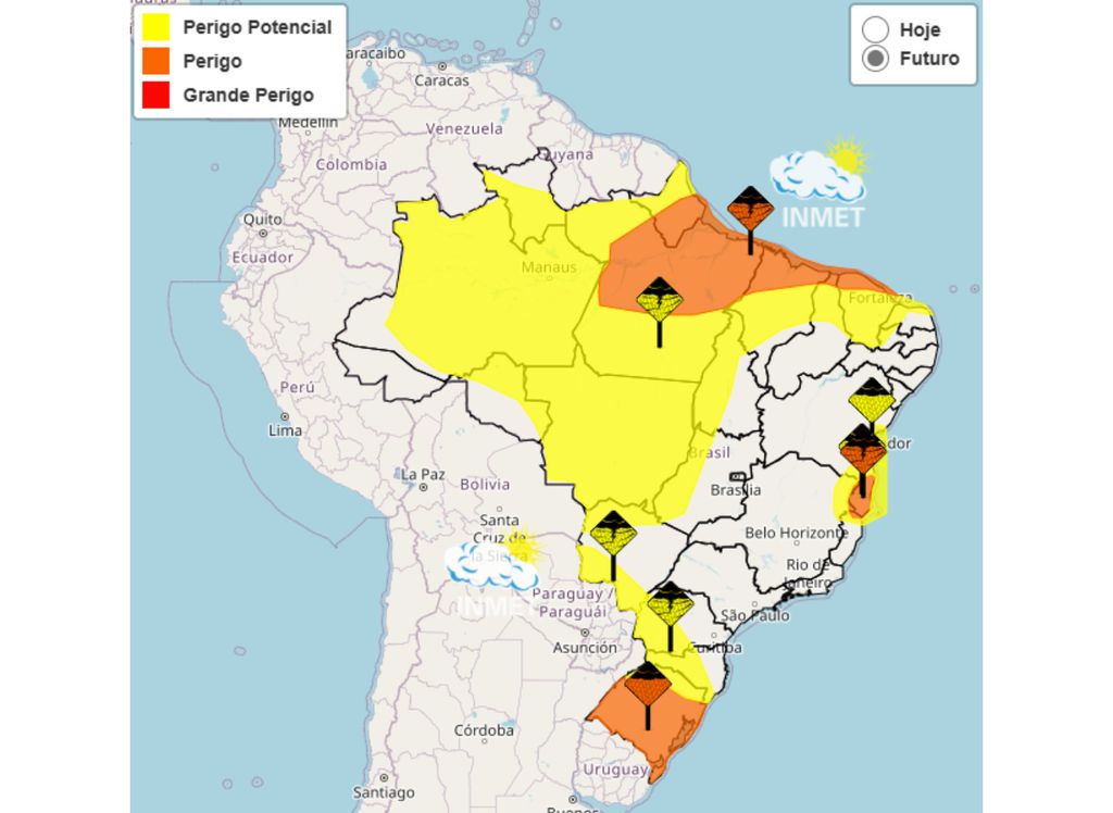 INMET emite alertas amarelo e laranja para 21 estados brasileiros.
