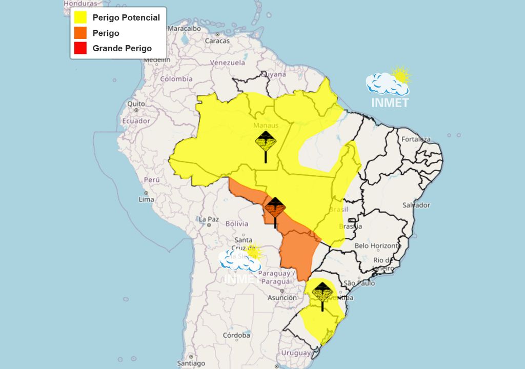 Mapa de alertas emitidos pelo INMET nesta segunda-feira que persistem até terça-feira.