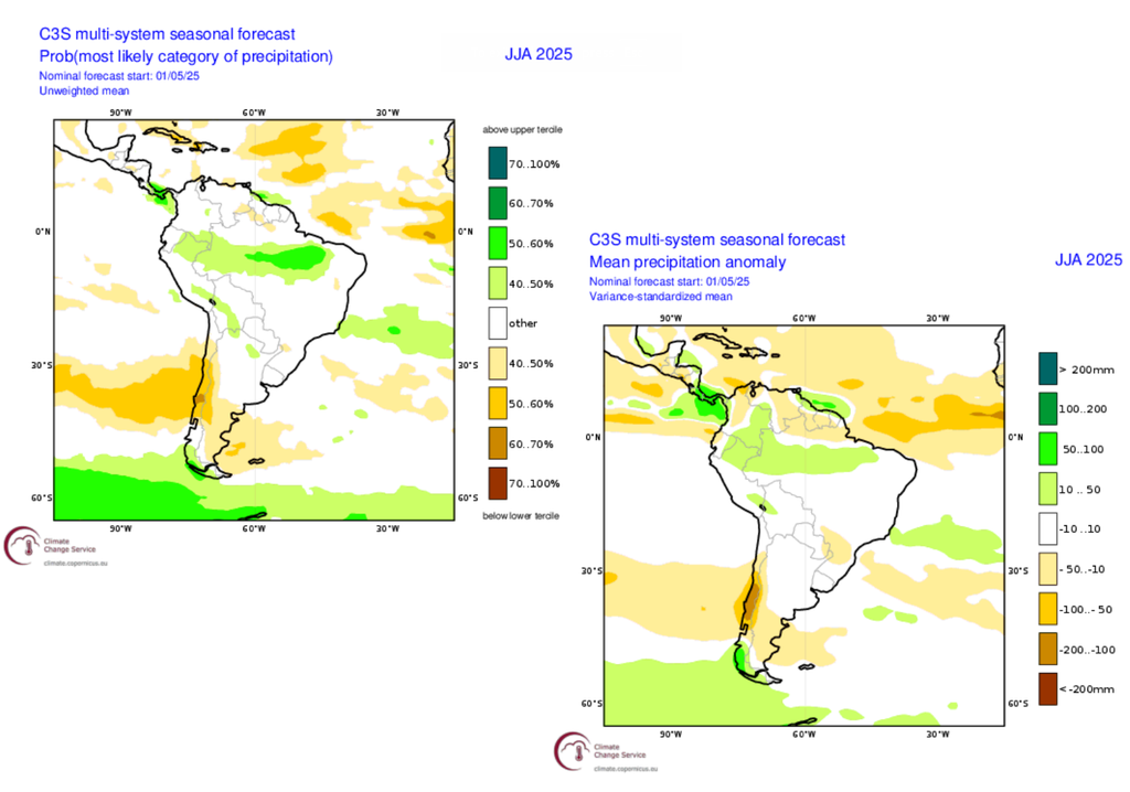 Probabilidade da precipitação ficar acima ou abaixo da média (esquerda) e previsão de anomalia de precipitação em mm (direita). Créditos: ECMWF. Probabilidade da precipitação ficar acima ou abaixo da média (esquerda) e previsão de anomalia de precipitação em mm (direita). Créditos: ECMWF.
