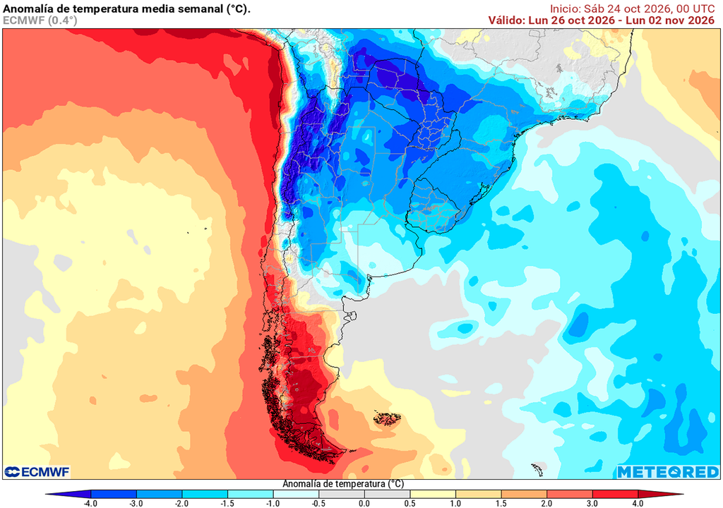 Pronóstico, Clima, Tiempo, Argentina Anomalía de temperatura prevista para los próximos 7 días según el modelo ECMWF