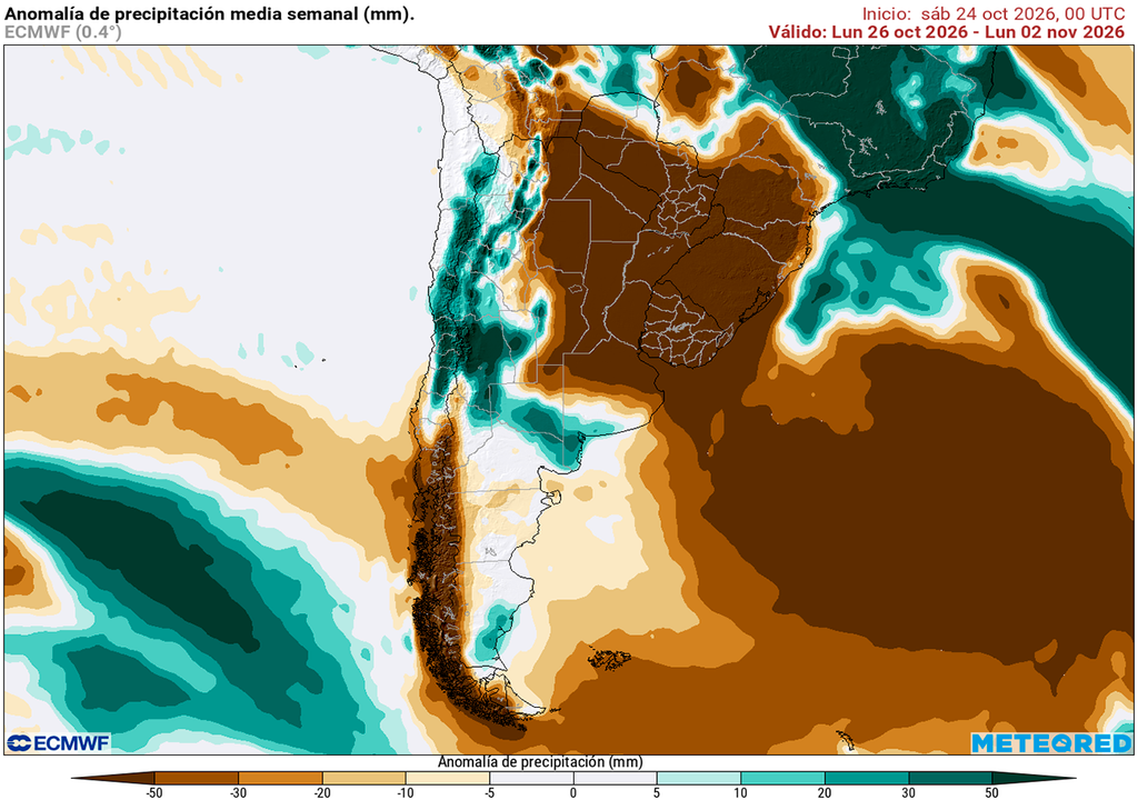 Pronóstico, Clima, Tiempo, Argentina Anomalía de precipitaciones prevista para los próximos 7 días según el modelo ECMWF