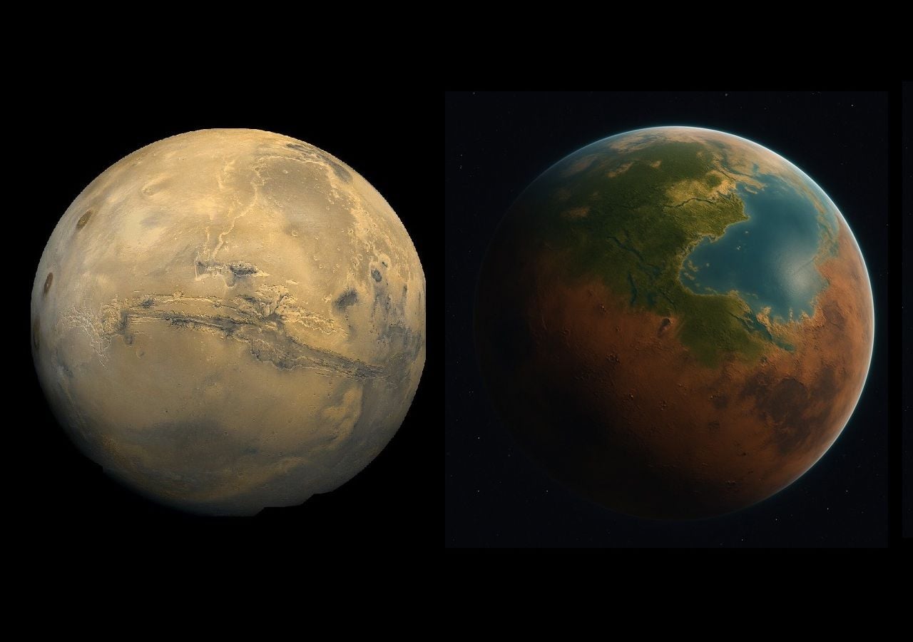 Créditos: a la izquierda imagen tomada por Viking 1 (NASA), a la derecha representación esquemática, no real, de Marte bajo el proceso de terraformación (MYL Studio.)
