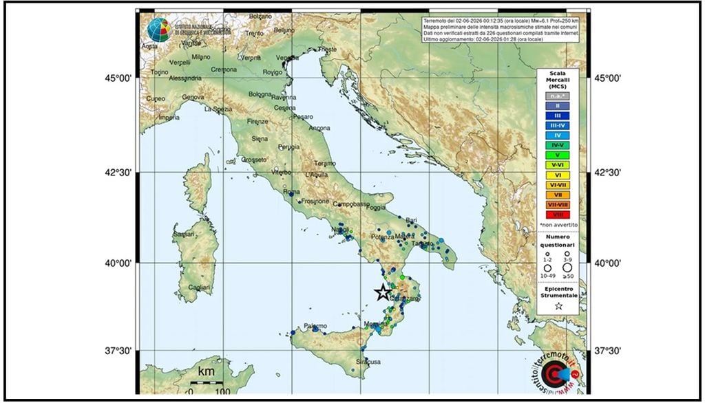 La mappa del risentimento sismico del terremoto del 2 giugno 2026 (INGV).