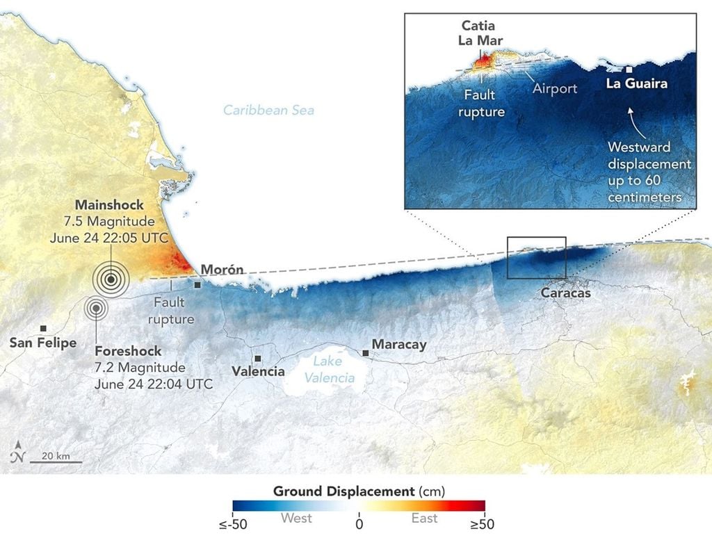 Le déplacement du sol a été particulièrement marqué à proximité de Caracas et de La Guaira, au Venezuela, après les séismes qui ont frappé la région le 24 juin 2026. Cette carte a été réalisée à partir des données du satellite NISAR (radar à synthèse d'ouverture développé par la NASA et l'ISRO), acquises les 25 et 30 juin (après les séismes) ainsi que les 13 et 18 juin (avant les séismes). Source : NASA / Lauren Dauphin. Le déplacement du sol a été particulièrement marqué à proximité de Caracas et de La Guaira, au Venezuela, après les séismes qui ont frappé la région le 24 juin 2026. Cette carte a été réalisée à partir des données du satellite NISAR (radar à synthèse d'ouverture développé par la NASA et l'ISRO), acquises les 25 et 30 juin (après les séismes) ainsi que les 13 et 18 juin (avant les séismes). Source : NASA / Lauren Dauphin.