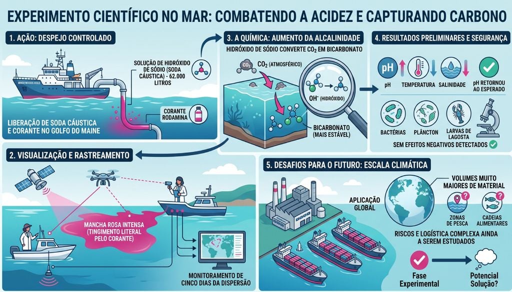 O uso do corante rodamina permitiu que sensores subaquáticos, drones e satélites rastreassem a dispersão exata da solução química durante cinco dias de monitoramento. Foto: Ilustração O uso do corante rodamina permitiu que sensores subaquáticos, drones e satélites rastreassem a dispersão exata da solução química durante cinco dias de monitoramento. Foto: Ilustração