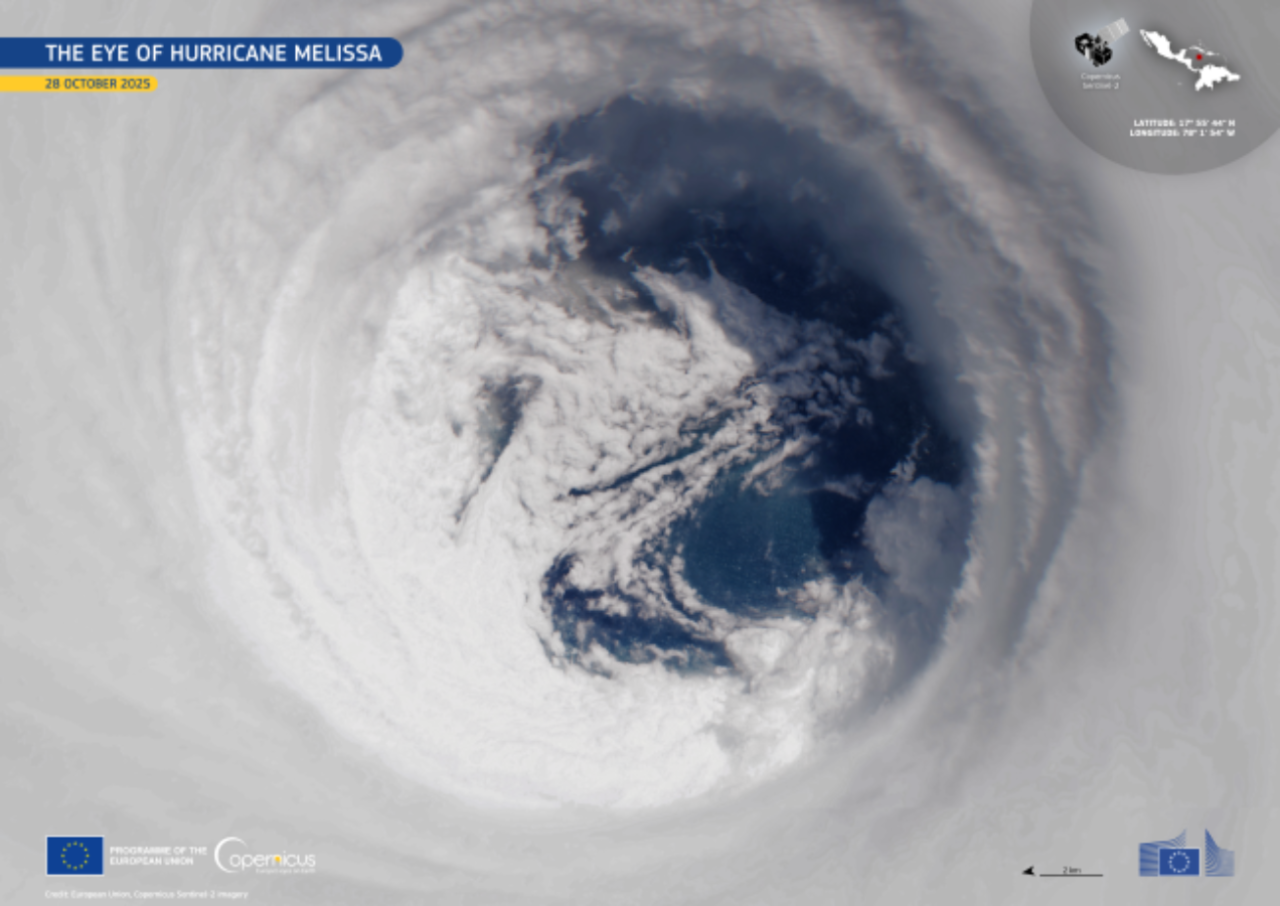 Imagen satelital del ojo del huracán Melissa. (Imágenes de Copernicus Sentinel-2)