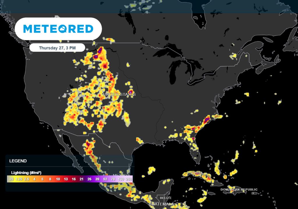 Lightning activity forecast for 3 PM with most strikes expected in the Rockies and plains.
