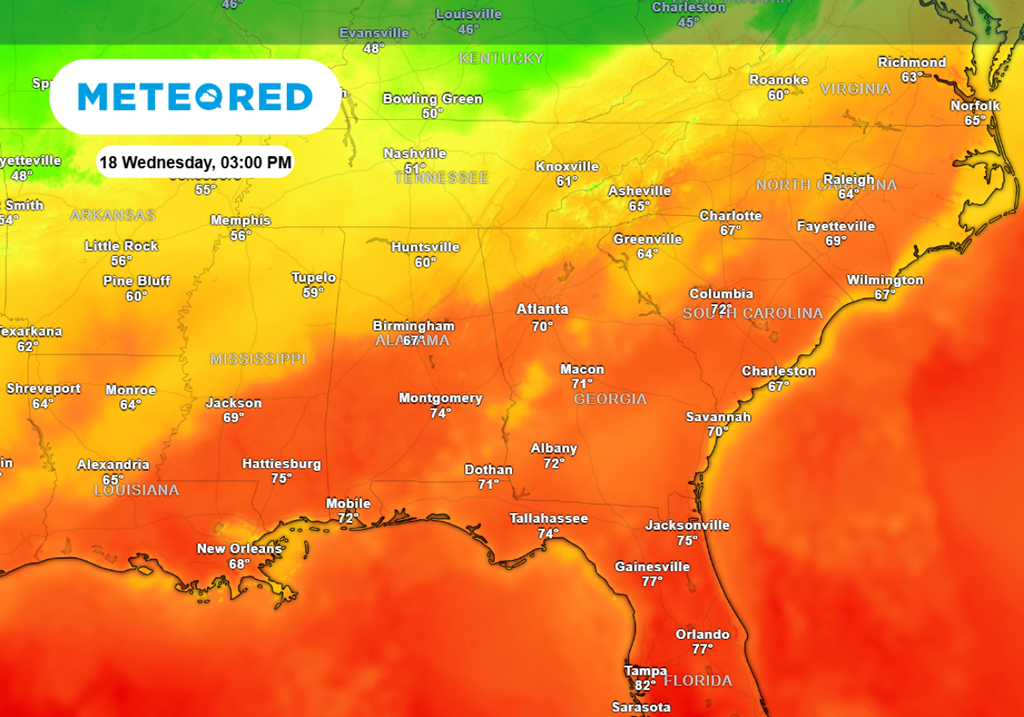 The forecast temperatures for Wednesday afternoon shows unseasonably warm air in the eastern U.S.