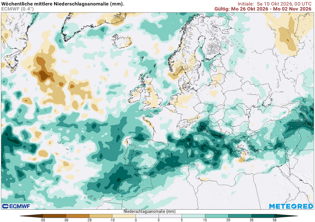 Monatswechsel, Trockenheit, ECMWF Deutschland, Niederschlagsbilanz Erst zum Monatswechsel verliert die Trockenheit ihren festen Griff: Das ECMWF berechnet für Deutschland meist eine Niederschlagsbilanz nahe dem Durchschnitt, während sich über Südeuropa deutlich nassere Signale bündeln.