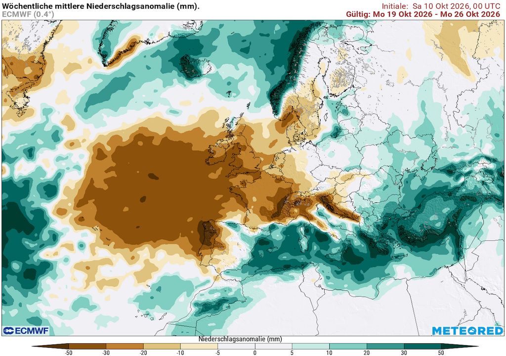 Regen, Vom 19. bis 26. Oktober, Deutschland, Niederschlag, Nässe, Mittelmeer Der Regen bleibt Mangelware: Vom 19. bis 26. Oktober berechnet das ECMWF besonders im Westen Deutschlands weniger Niederschlag als üblich, während sich die Nässe am Mittelmeer bündelt.