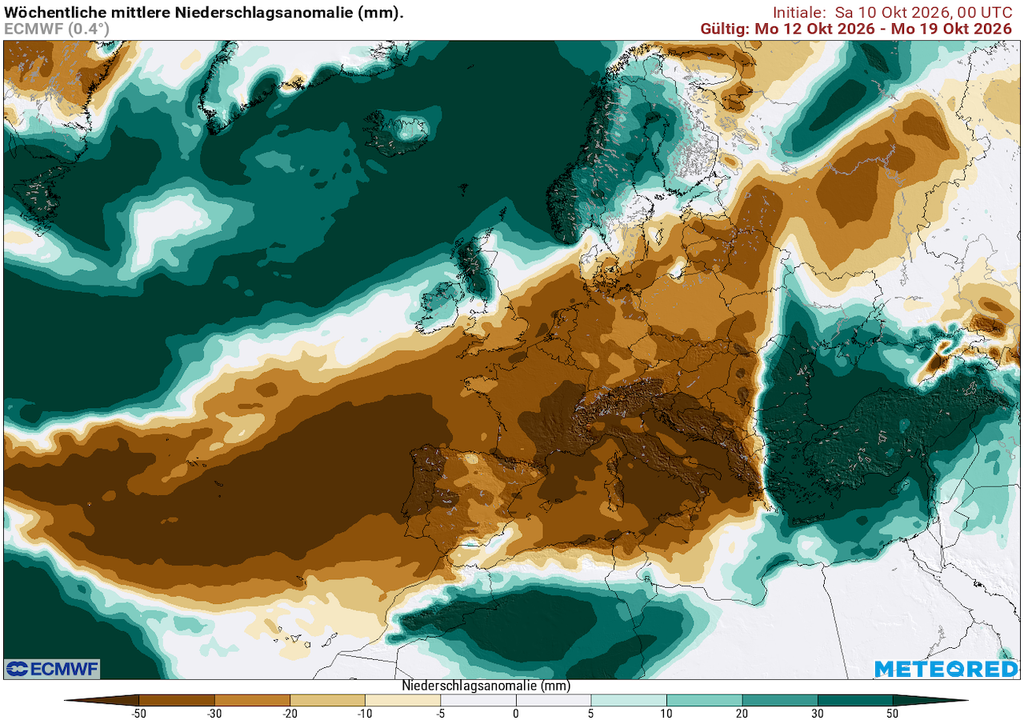 Tief HILDA, ECMWF-Wochenprognose, Oktober, Deutschland, Europa, Regen, Niederschlagsdefizit Tief HILDA bleibt zahnlos: Die ECMWF-Wochenprognose zeigt bis zum 19. Oktober in Deutschland und weiten Teilen Europas deutlich weniger Regen als üblich. Damit setzt sich das Niederschlagsdefizit zunächst fort.