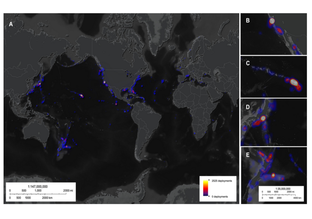 Die Heatmap zeigt die Anzahl der Tauchaktivitäten pro 250 Quadratkilometer, nicht die beobachtete Fläche: Tiefseetauchaktivitäten gesamt 1958–2024 (A), Monterey Bay, USA (B), Hawai'i, USA (C), Suruga und Sagami Bays, Japan (D) und Neuseeland (E). Die Heatmap zeigt die Anzahl der Tauchaktivitäten pro 250 Quadratkilometer, nicht die beobachtete Fläche: Tiefseetauchaktivitäten gesamt 1958–2024 (A), Monterey Bay, USA (B), Hawai'i, USA (C), Suruga und Sagami Bays, Japan (D) und Neuseeland (E).