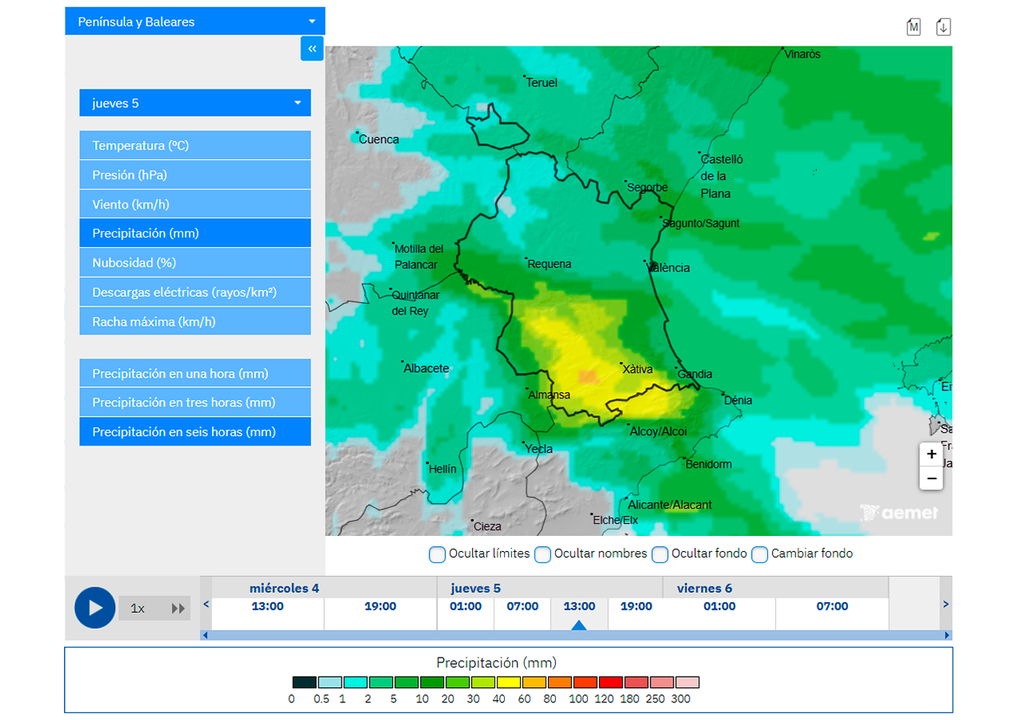 El modelo HARMONIE de la AEMET anticipa acumulados importantes durante la jornada de mañana en el sur de la provincia de Valencia, donde lloverá localmente con intensidad.