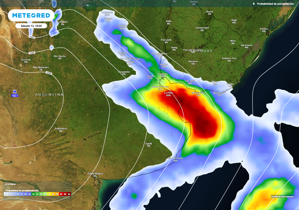 Tiempo pronóstico AMBA Buenos Aires Probabilidades altas de precipitación el sábado PM en el AMBA.