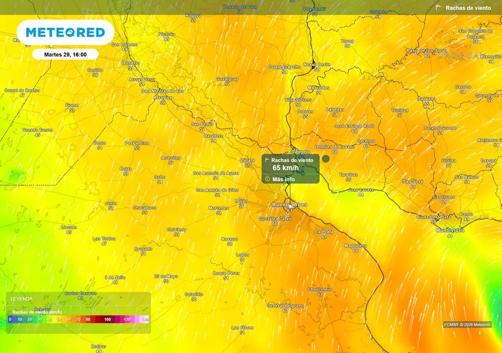 Ráfagas de viento para el ´martes 29 de septiembre a las 16 h Ráfagas de viento para el ´martes 29 de septiembre a las 16 h, según el modelo ECMWF.