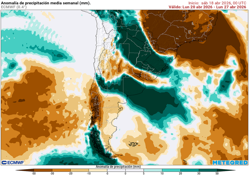 Anomalía de precipitaciones prevista para la semana del 20 al 26 de abril según el modelo ECMWF