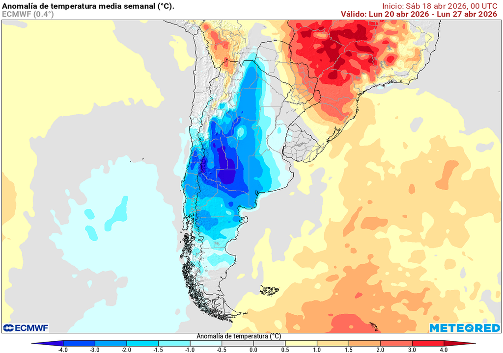 Anomalía de temperatura prevista para la semana del 20 al 26 de abril según el modelo ECMWF