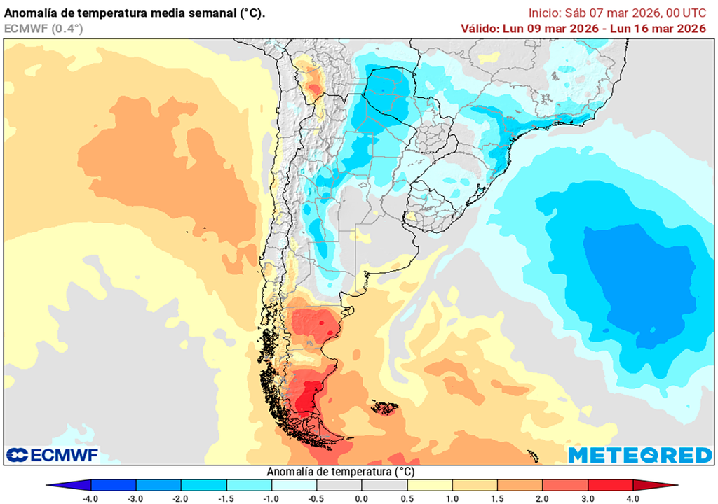 Lluvia, Tormenta, Pronóstico, Tiempo, Clima, Marzo, Semana, Anomalía, Argentina, Buenos Aires, Córdoba, Santa Fe Anomalía de temperatura prevista para la segunda semana de marzo según nuestro modelo de referencia el ECMWF