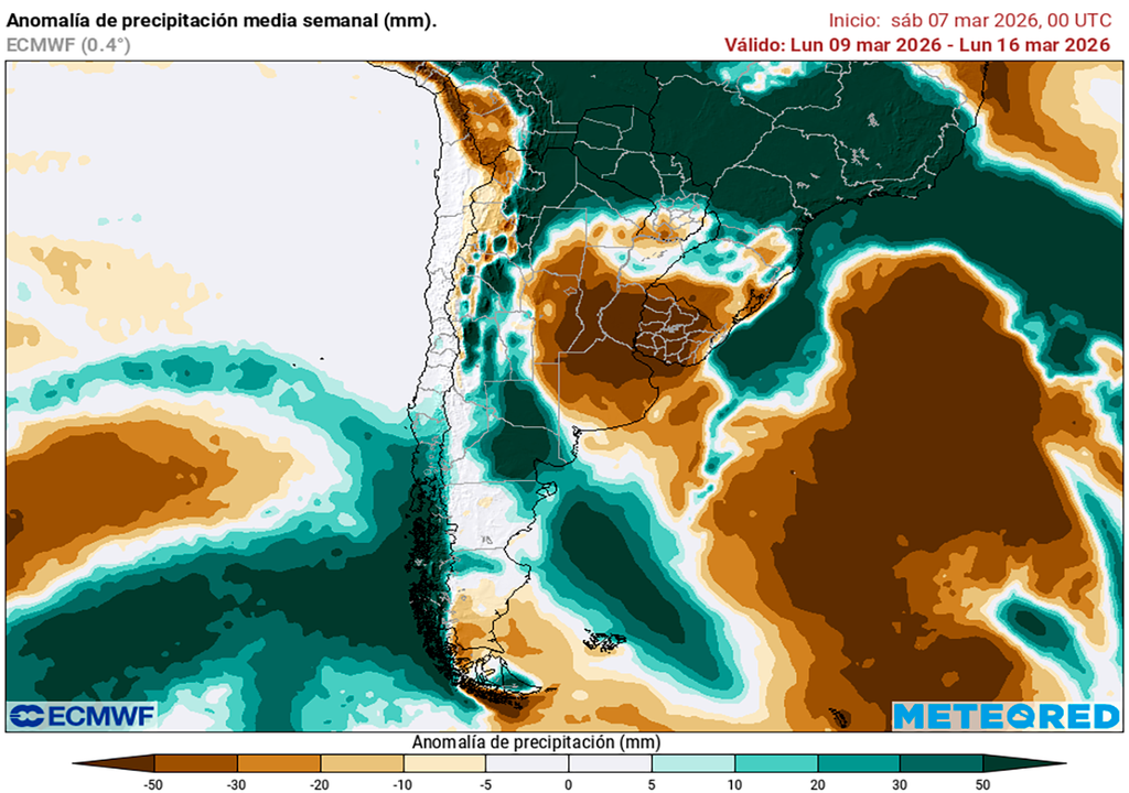 Lluvia, Tormenta, Pronóstico, Tiempo, Clima, Marzo, Semana, Anomalía, Argentina, Buenos Aires, Córdoba, Santa Fe Anomalía de precipitaciones prevista para la segunda semana de marzo según nuestro modelo de referencia el ECMWF