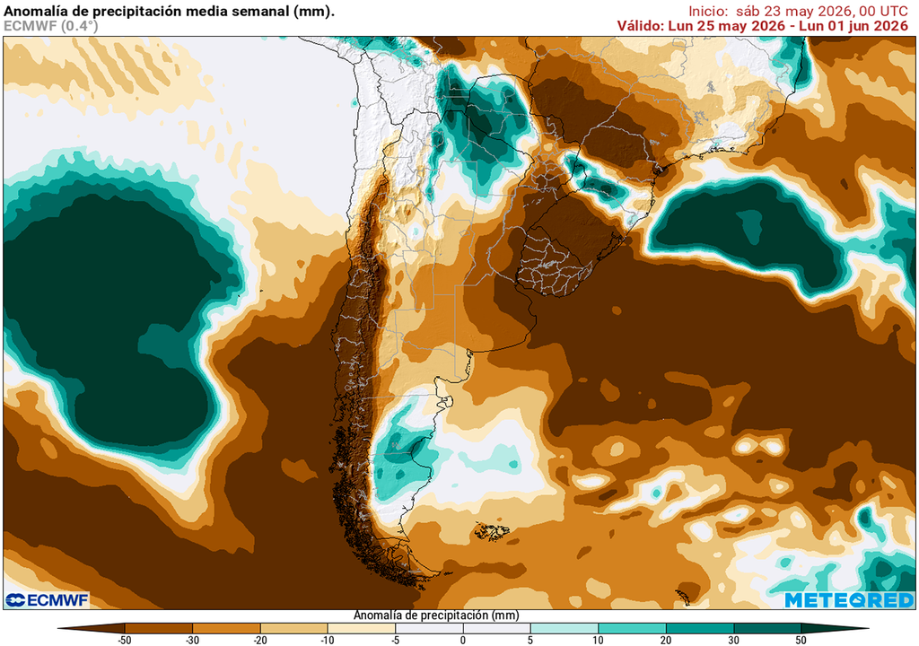 Pronóstico, Clima, Tiempo, Argentina, Lluvias, Déficit, Temperatura, Anomalías, ECMWF, Centro, Norte, Estabilidad, Semanal, Tendencia, Agro Anomalía de precipitaciones prevista para la semana del 25 de mayo al 1 de junio según el modelo ECMWF