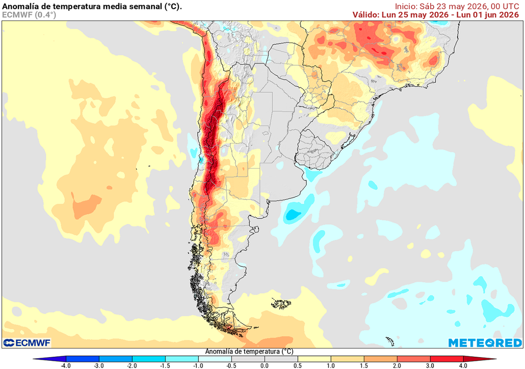 Pronóstico, Clima, Tiempo, Argentina, Lluvias, Déficit, Temperatura, Anomalías, ECMWF, Centro, Norte, Estabilidad, Semanal, Tendencia, Agro Anomalía de temperaturas prevista para la semana del 25 de mayo al 1 de junio según el modelo ECMWF