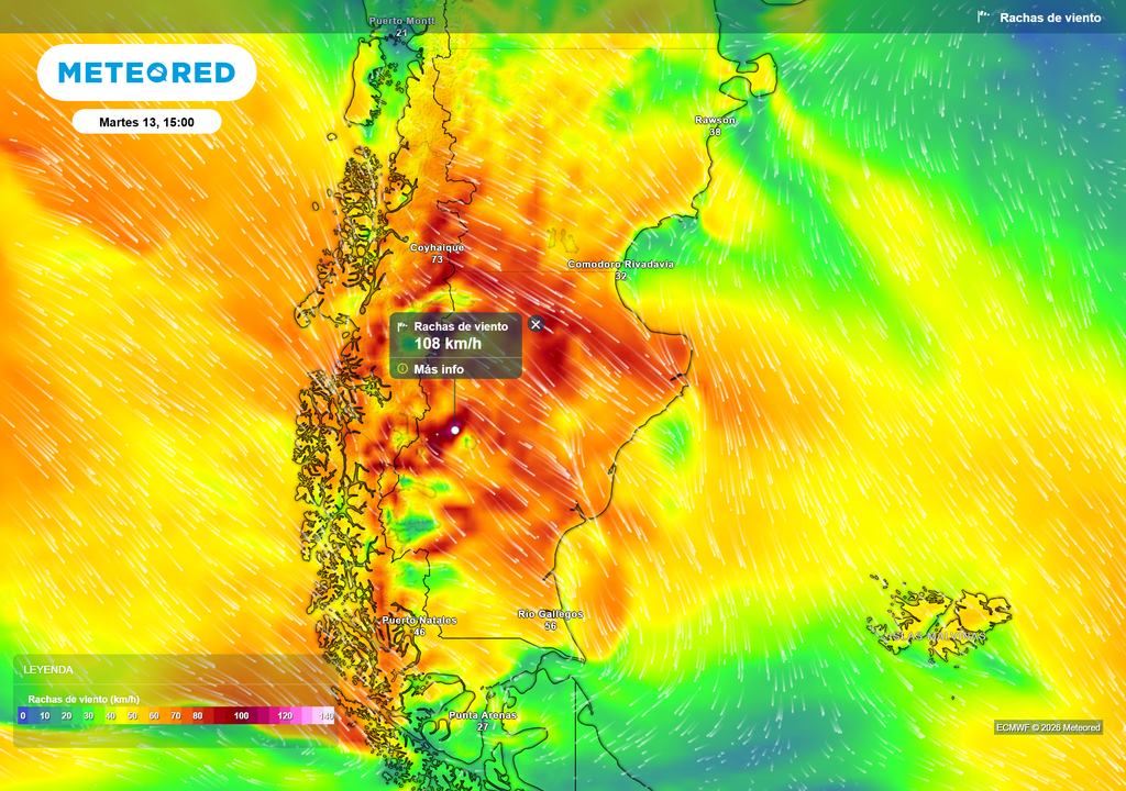 Rachas de viento Martes 13 de enero de 2026 a las 15 h.