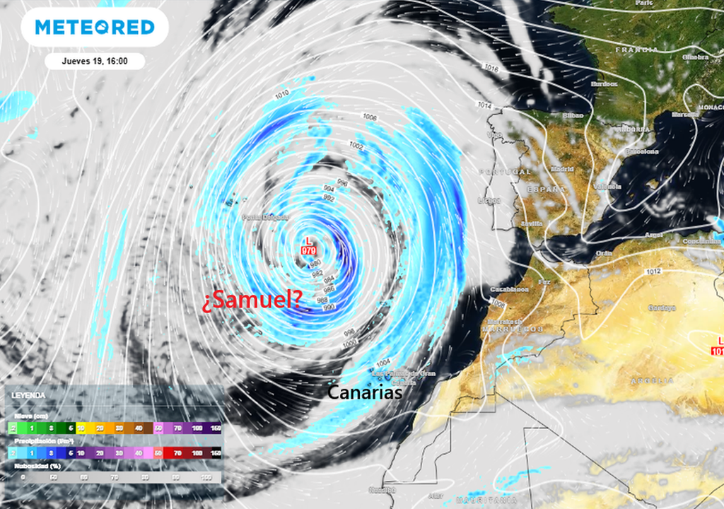 Presión en superficie, nubosidad y precipitaciones previstas para el 19 de marzo de 2026 16 h.l.p. con la posible borrasca Samuel. Tiempo.com