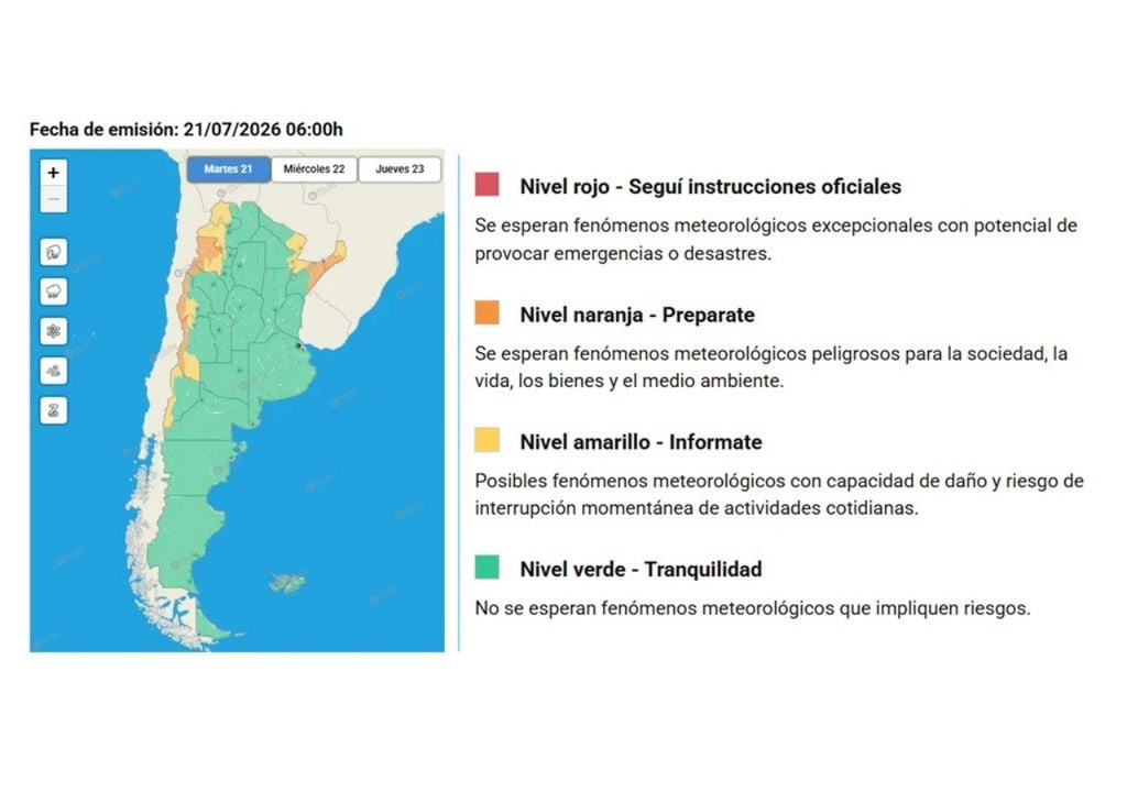 Tiempo alerta pronóstico clima Argentina frío SMN Alertas oficiales emitidos para este martes, por el Servicio Meteorológico Nacional.