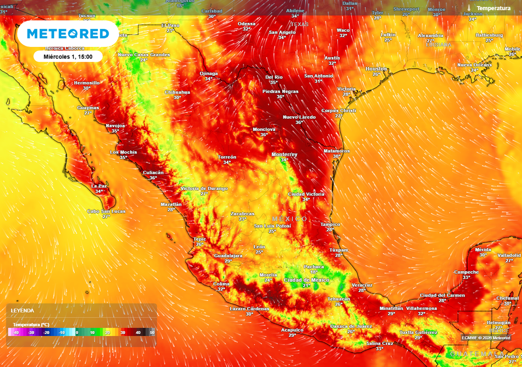 Pronóstico de temperaturas en grados Celsius Las temperaturas serán muy variables, dominando el calor en estados costeros y el frescor en el centro. A finales de semana podría llegar un nuevo frente frío.