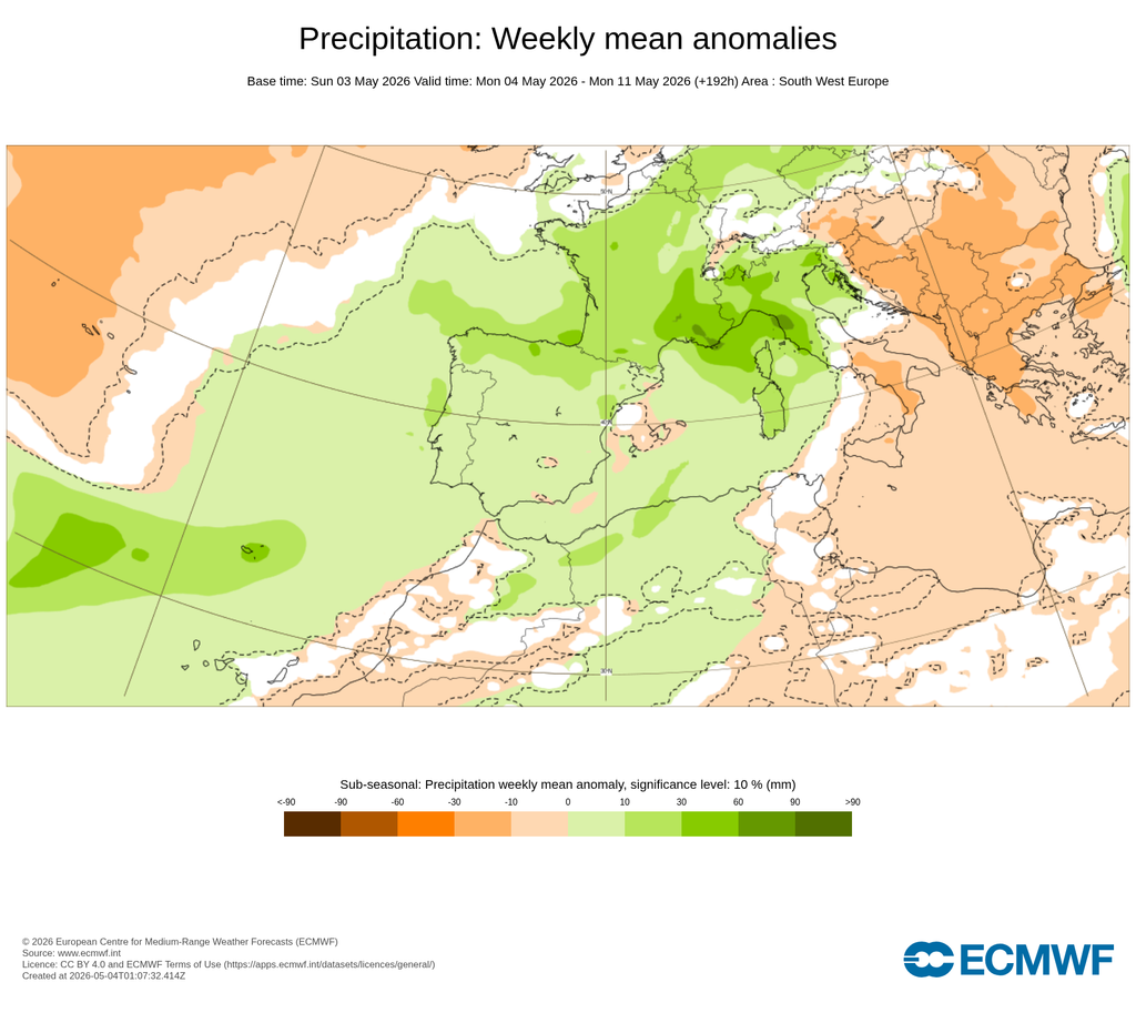 Anomalías semanales de precipitación para el periodo 4-10 de mayo de 2026: escala de verdes para anomalías positivas de precipitación y naranjas para negativas. ECMWF