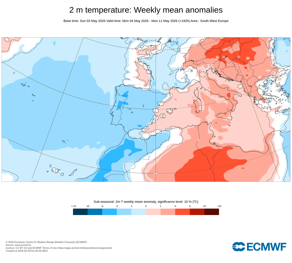 Anomalías semanales de temperatura para el mismo periodo anterior: cálidas o por encima de los normal en escala de rojos y negativas o más fría de lo normal en escala de azules. ECMWF