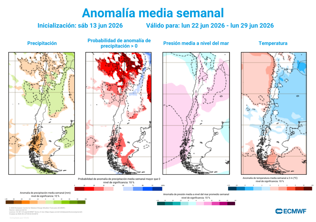 anomalías de semanales El aire frío de dejará sentir con intensidad en la última semana de junio en sectores del sur, centro y norte.