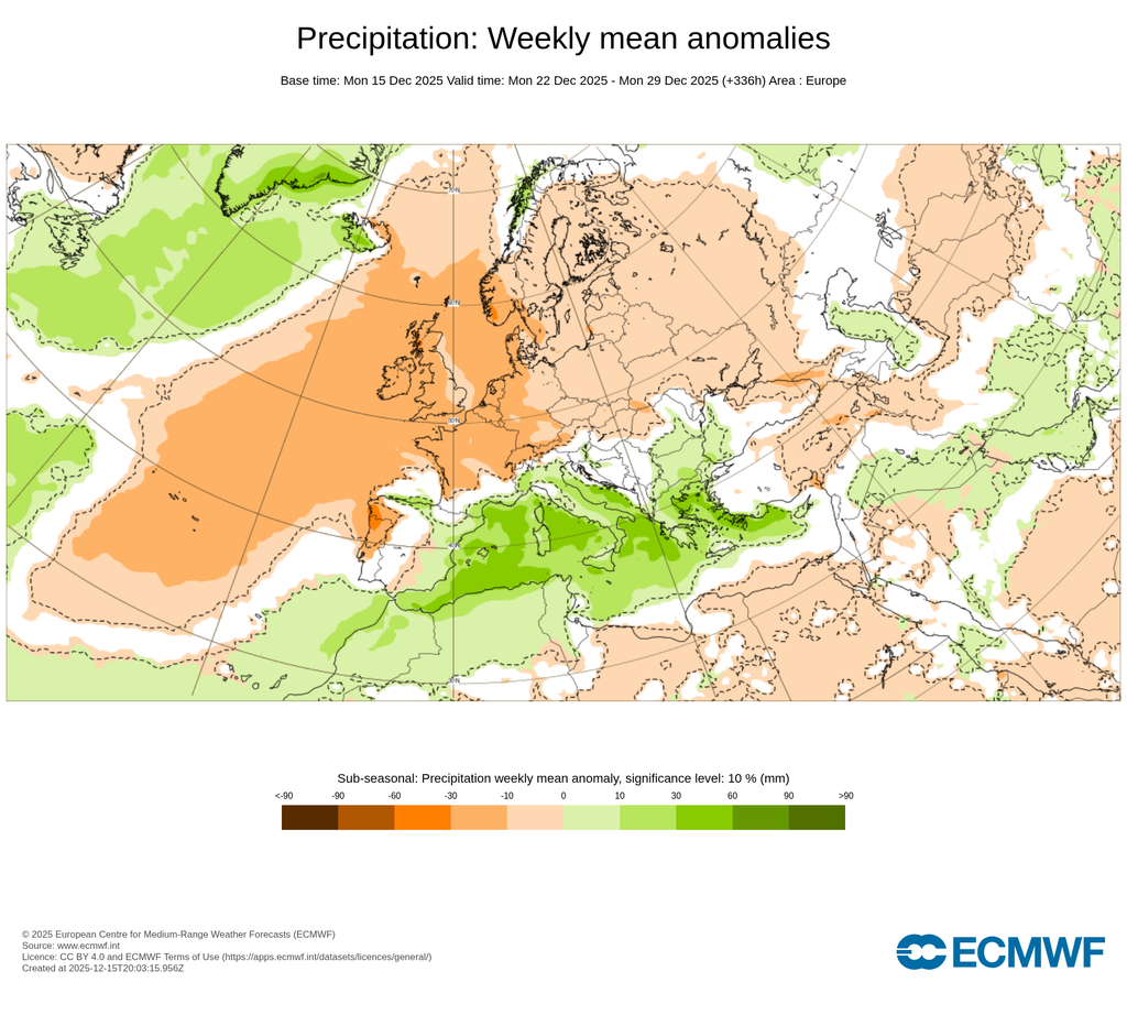 Anomalías de la precipitación para la semana 22-28 de diciembre: en verdes para anomalías positivas de precipitación y naranjas para negativas. ECMWF