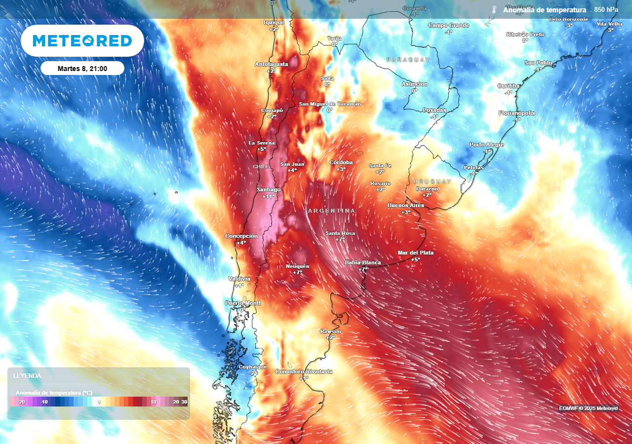 Anomalía de temperatura en 850 hPa prevista para el próximo martes según el modelo ECMWF
