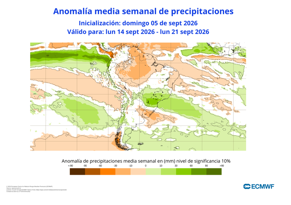 Anomalías El modelo euroeo prevé lluvias sobre lo normal en parte de la zona central del país incluyendo sectores de la Región Metropolitana.
