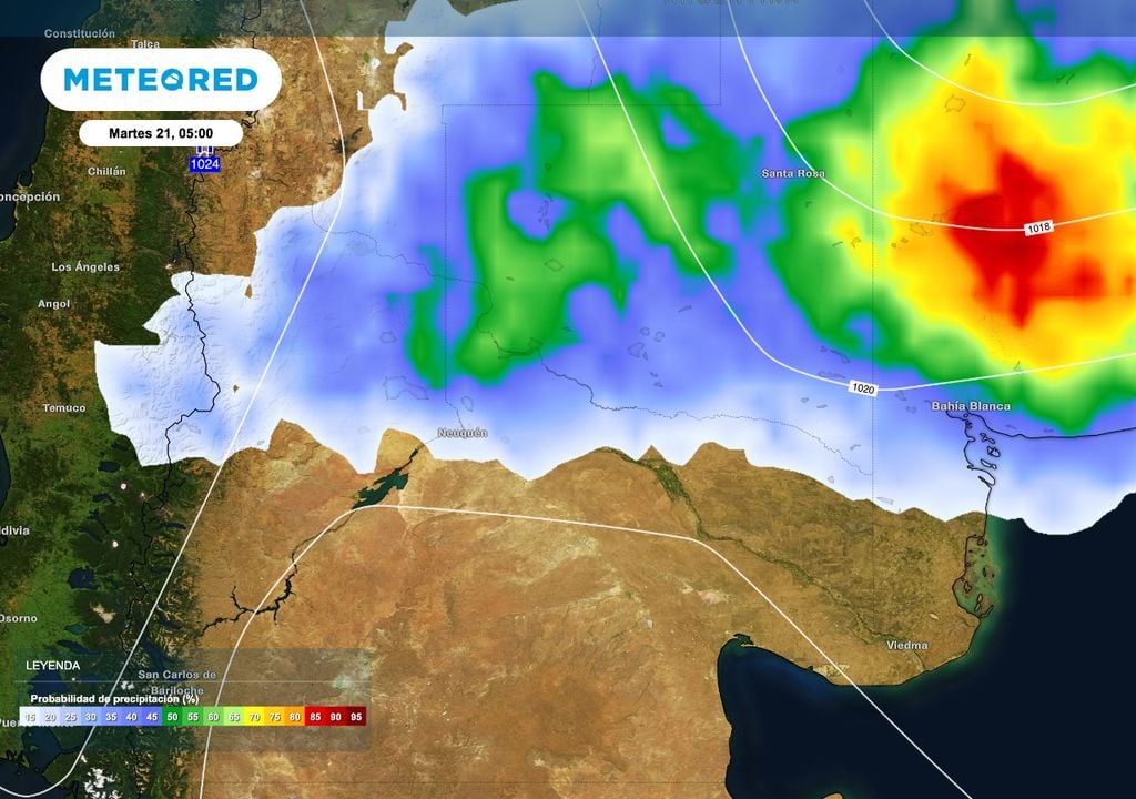 La zona de bajas presiones que afectará al centro y norte del país alcanzará con algunas lluvias al extremo norte de la Patagonia entre el lunes 20 y martes 21.