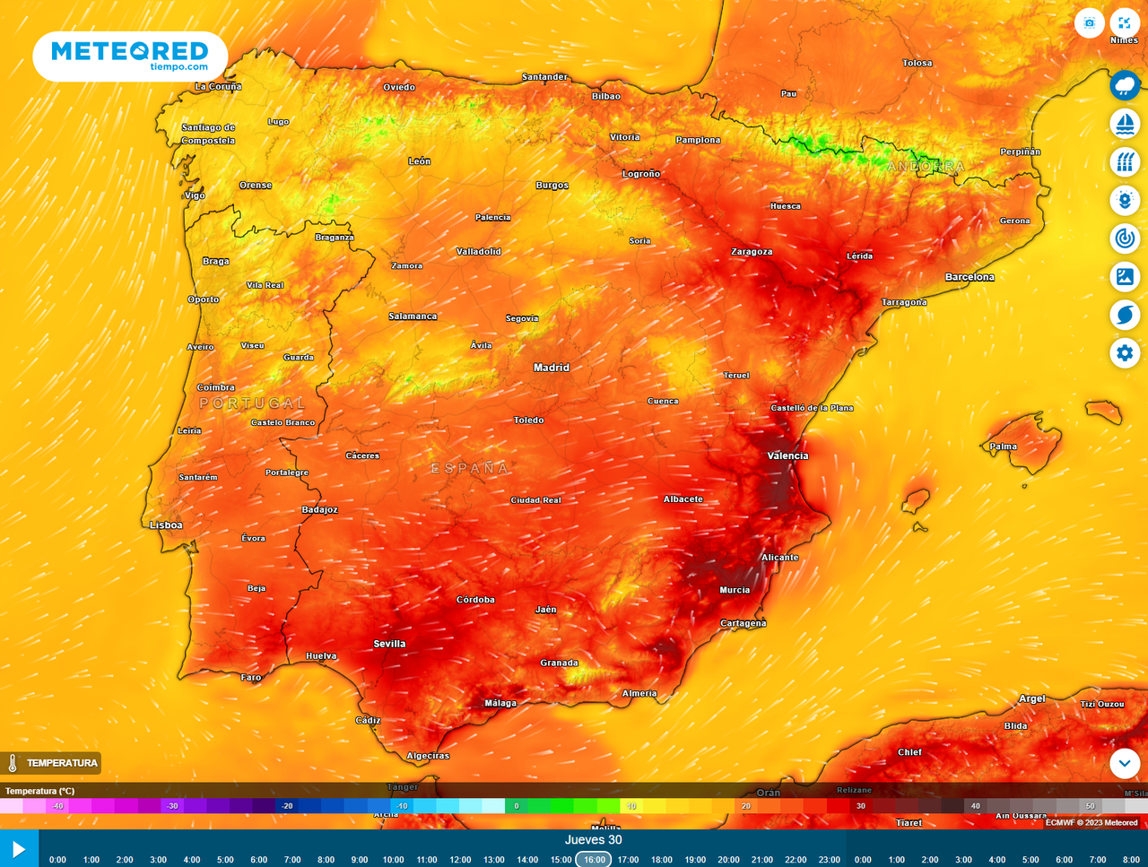 El rojo más oscuro en este mapa para el mediodía de mañana representa valores superiores a los 30 ºC junto al Mediterráneo. Se podrán batir récords.